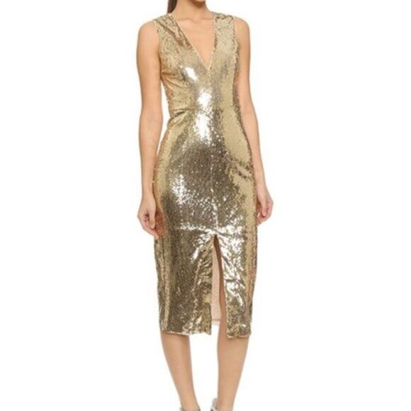 Alice Olivia Leora Sequin Gold Midi Plunging V Pencil Fit Sleeveless 2 NWT